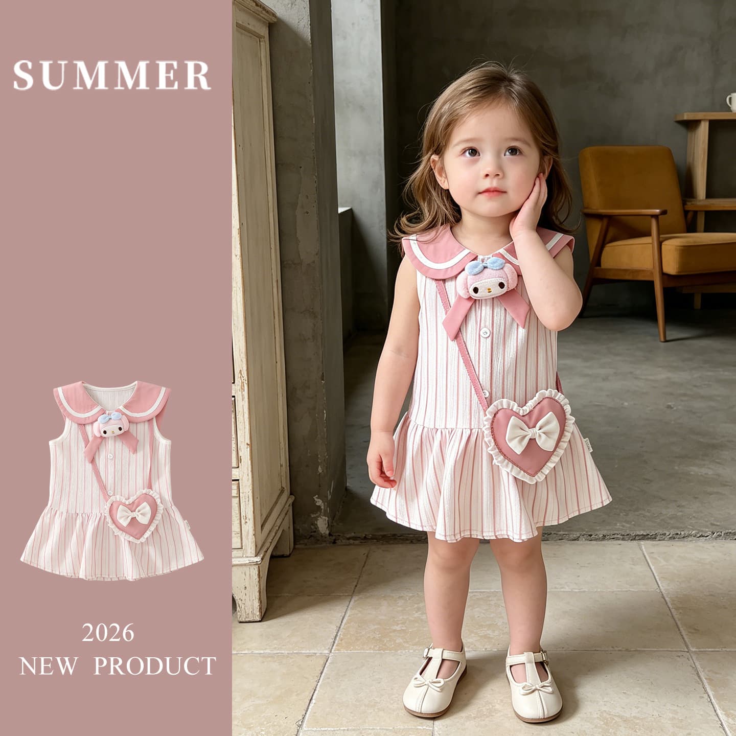 Girls Summer Dress 2026 New Style Baby Girl Gown Little Princess Dress Children's Vest Dress with Crossbody Bag