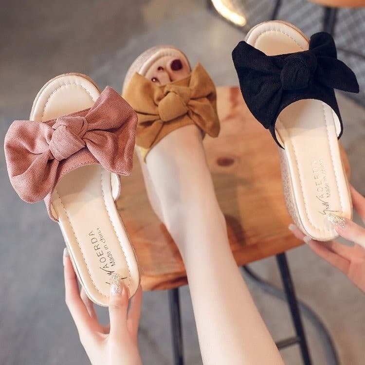 2025 Women's Fashion Bow Slide Sandals Korean Platform Wedge Heel Outdoor Non-Slip Thick High Heel Casual Slippers Versatile