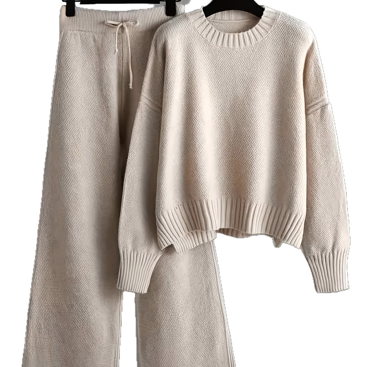 Cross-border Men's Autumn/Winter Knit Two-Piece Set Casual Solid Color Knit Top Wide-Leg Casual Long Pants Set Dropshipping