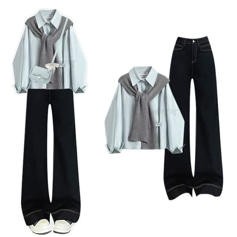 2025 Autumn New Set: Korean-style Blouse with Chic Shawl and Fashionable Jeans Three-Piece Set