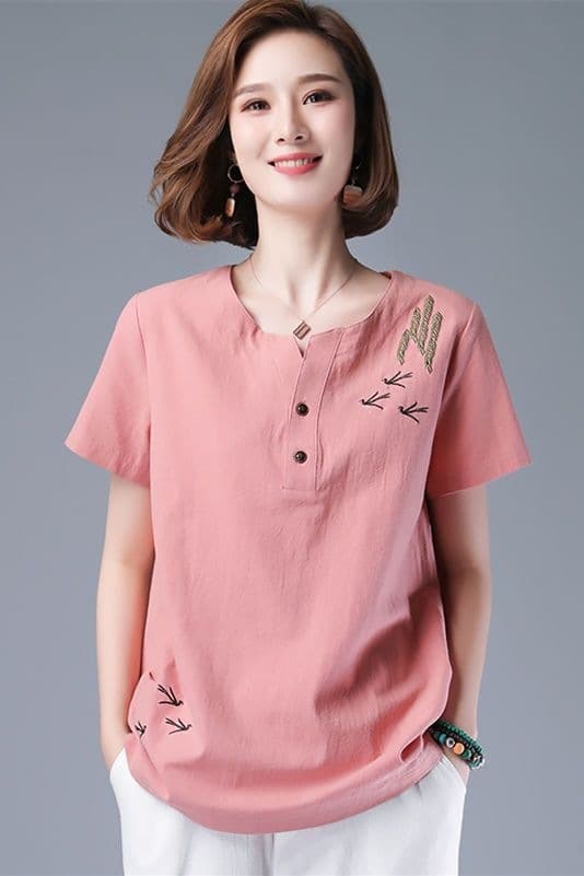 Cotton and Linen T-Shirts for Women, Summer Short-Sleeved Tops for Young Mothers, Plus Size T-Shirts for Middle-Aged Ladies, Ethnic Style Clothing