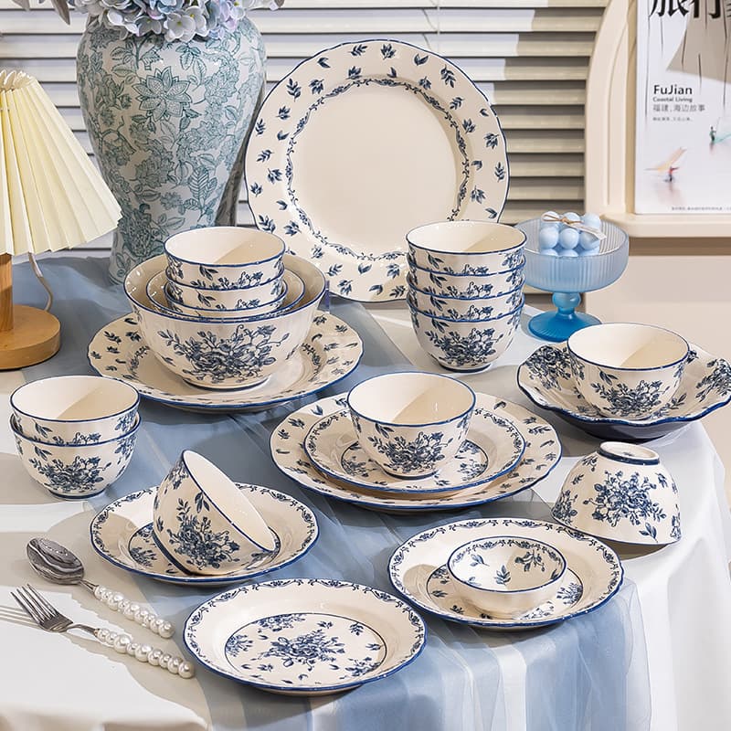 Chinese Bowl and Dish Set for Home, Blue and White Porcelain Tableware, Guochao Style Bowls and Plates, High-Appeal Design, Housewarming Gift, Custom Selection