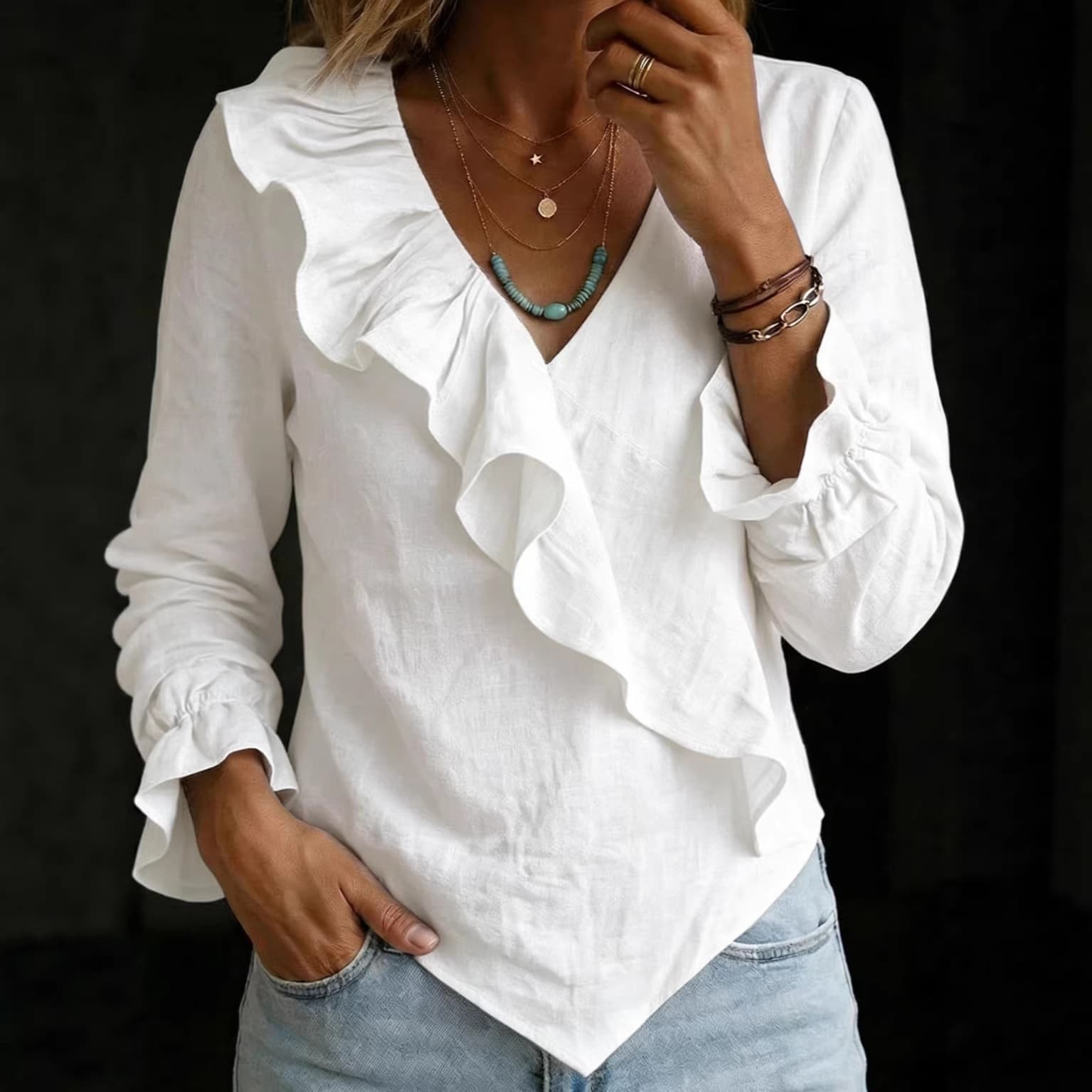 2026 Amazon European American Cross-Border Cotton Linen Ruffle V-Neck Shirt Fashion Asymmetric Hem Flared Sleeve Top