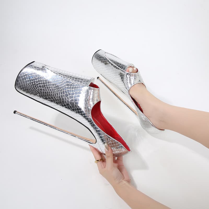Cross-border European and American foreign trade new style 30cm bag heel large size fish mouth women's shoes 22cm steel heel silver sexy 19cm