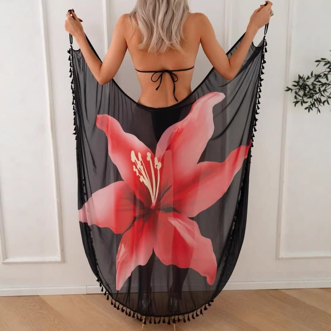 Casual Resort Style Floral Print Suspender Sun Protection Cover-Up Seaside Photo Shoot Dress Tassel Backless Beach Dress