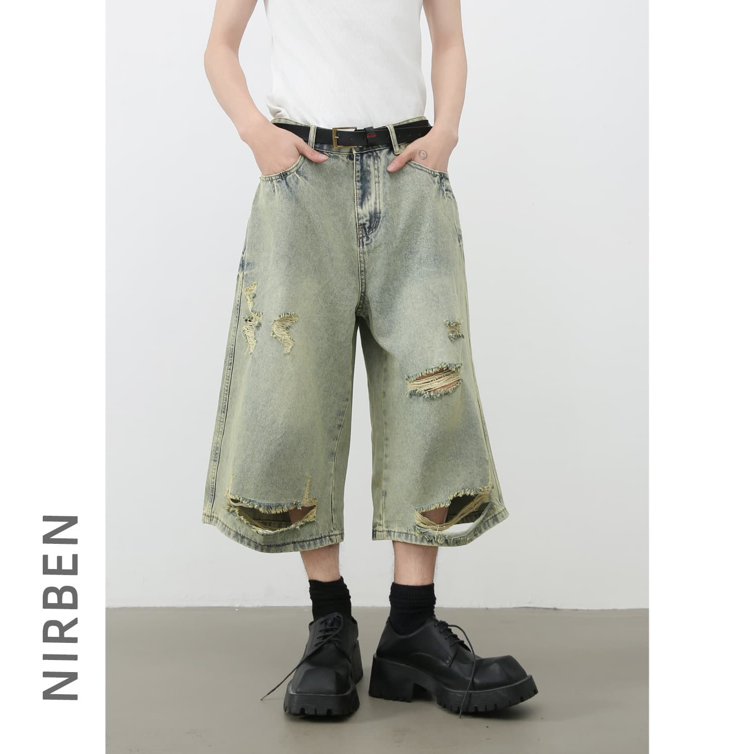 nirben denim|Summer retro ripped denim shorts men's loose and versatile straight cropped pants wide-leg mid-pants