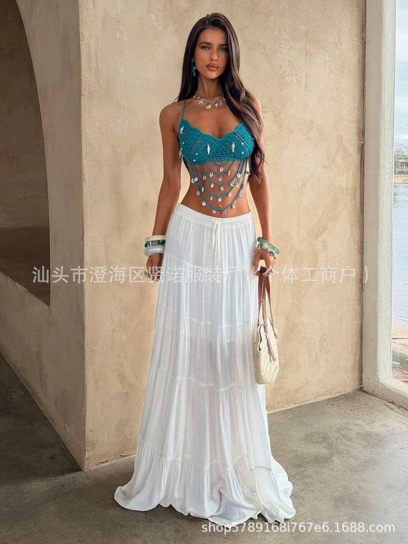 Handmade Crochet Hollow Halter Top with Multi-Layer Shell Pendant and Fringe Net Top, Beach Bikini Vacation Top