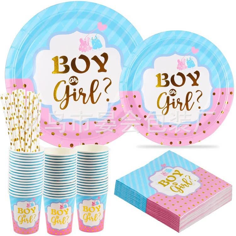 Gender Reveal Party Disposable Tableware Set - Baby Shower Paper Plates, Cups, Napkins