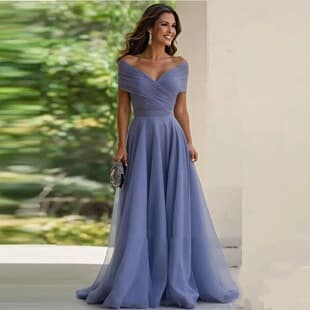 Blue Evening Dress One-Shoulder Waist-Slimming Elegant Long Mesh Dress Foreign Trade Women's Clothing Cross-Border Source European-American Plus Size