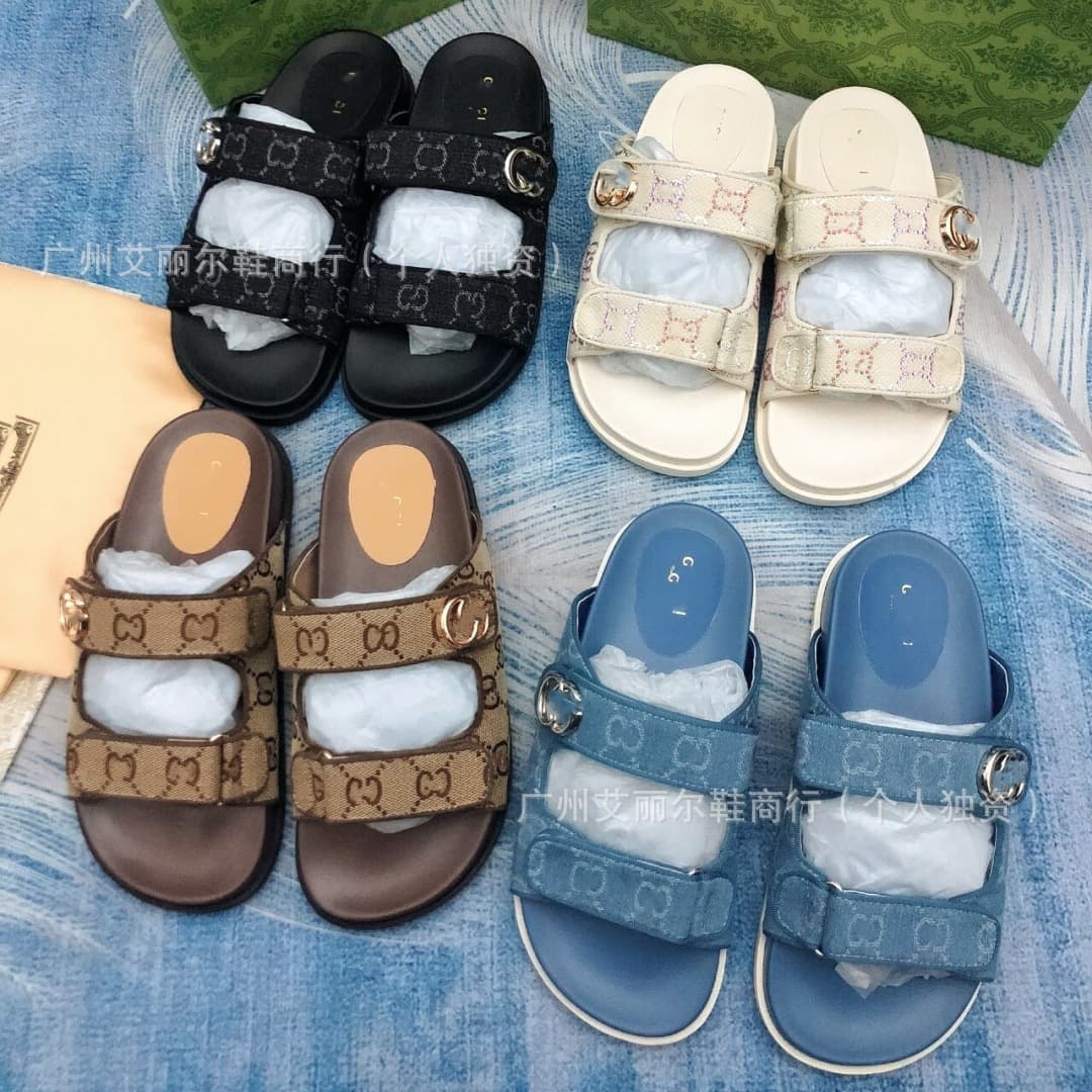 Foreign Trade g Brand Canvas Embroidered Thick-Soled Velcro Slippers for Women, Summer Flat-Soled Couple Casual Beach Sandals