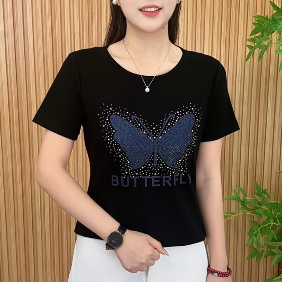 2025 New Summer Round Neck Rhinestone Short-Sleeve T-Shirt for Middle-Aged and Elderly Women, Loose Fit, Slimming, Versatile, Stylish, Age-Reducing Top