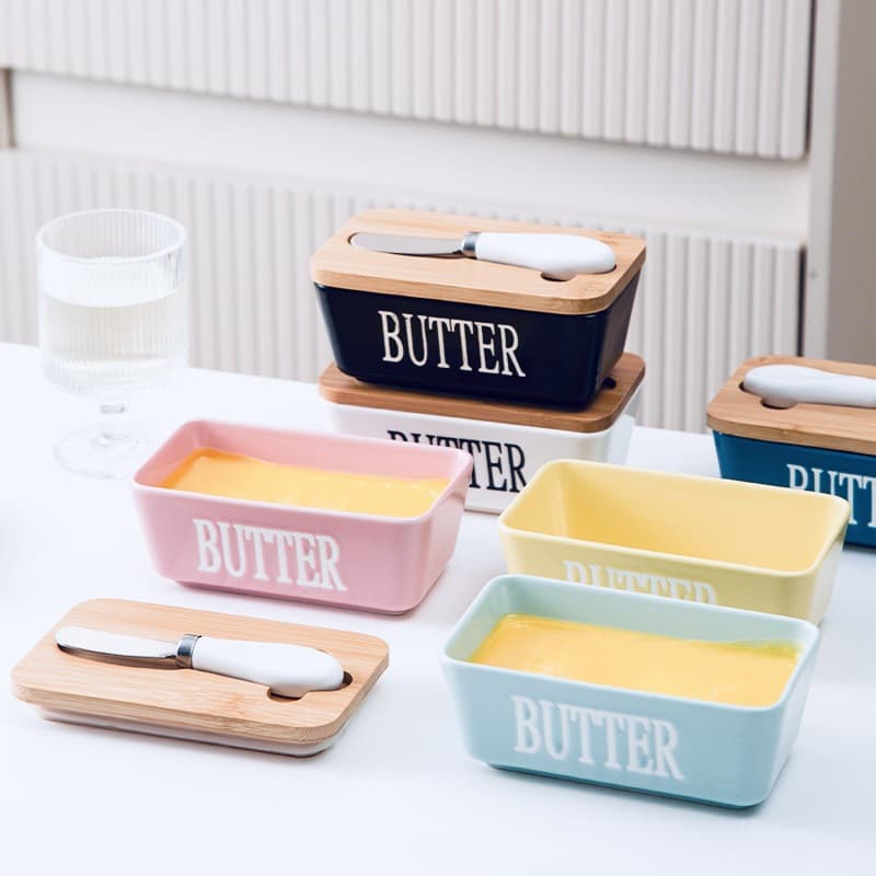 Bamboo Lid Ceramic Butter Dish with Knife, Sealed Butter Container, Western-style Fresh Cheese Box, Ceramic Butter Knife