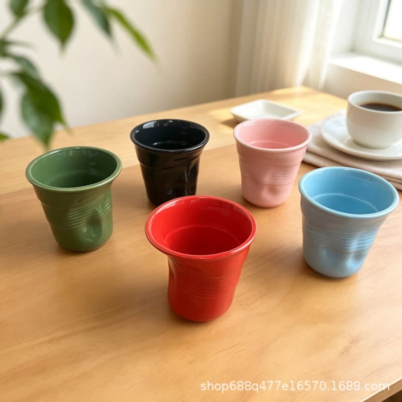 Irregular small-capacity ceramic cup, coffee cup, pleated cup, high-looking Nordic style household water cup, coffee latte cup