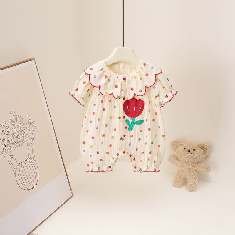 Summer children's clothing summer new contrasting color polka dot petal collar clothes thin girls jumpsuit short-sleeved children's crawl suit