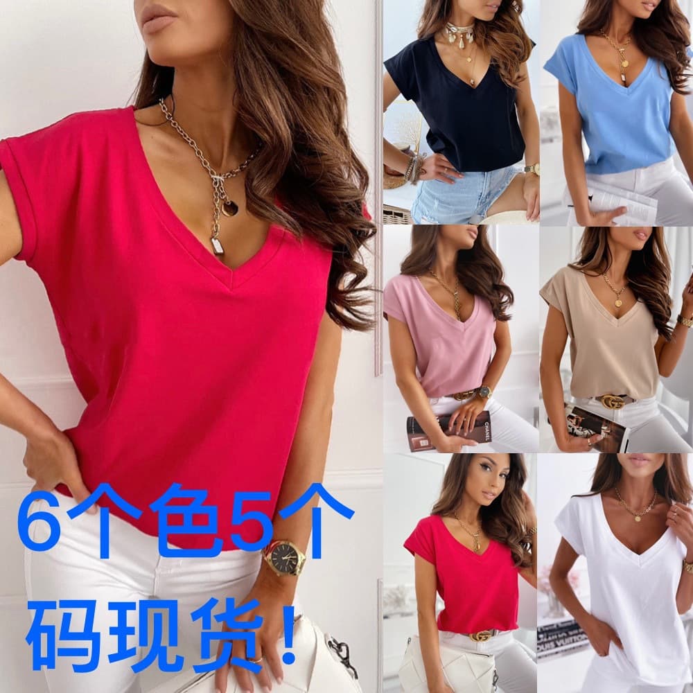 2025 Amazon Bestseller AliExpress Wish Spring Summer Solid Color V-Neck Simple T-Shirt Top Women's Clothing