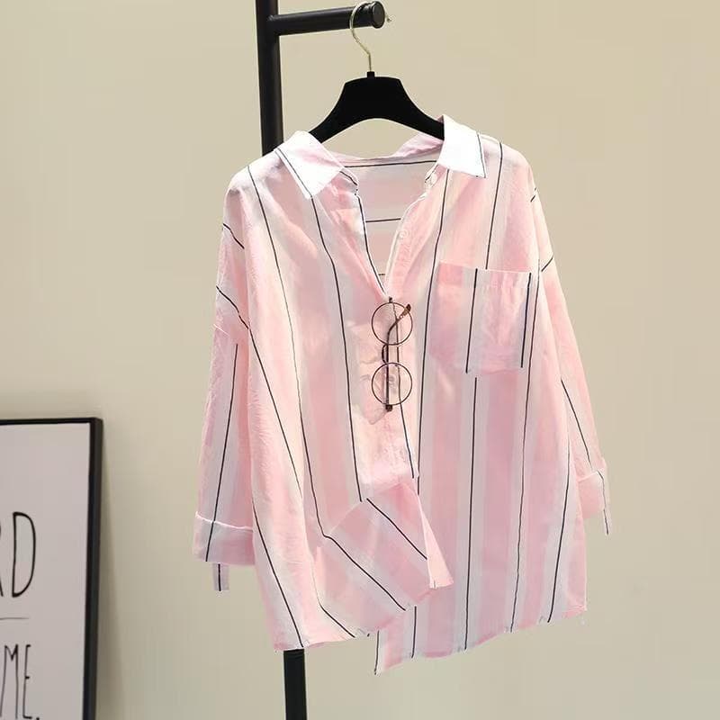 European and American cross-border trade spring/summer new striped long-sleeve shirt for women, loose fit, slimming Korean-style blouse, drop shipping