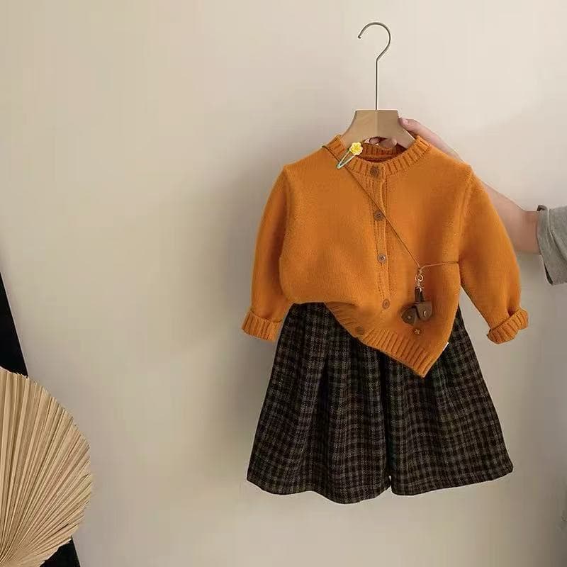 2025 Autumn Girls' Korean Solid Color Knit Cardigan with Matching Checkered Wide-leg Pants Set