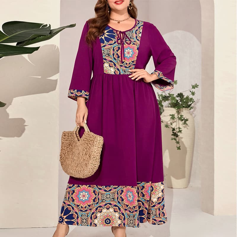 Plus Size 2024 Autumn/Winter New Round Neck Long Sleeve Spliced Elegant Commuting Ethnic Style Plus Size Vintage Dress Women's