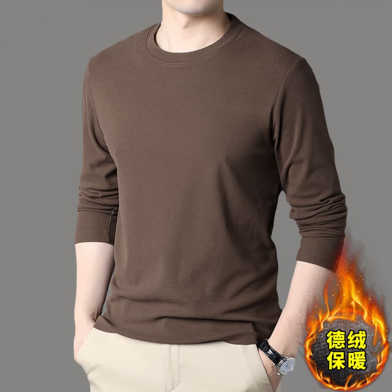 Double-Sided Fleece Lined Round Neck Seamless Long Sleeve T-Shirt Autumn Winter Solid Color Warm Base Layer Shirt for Men