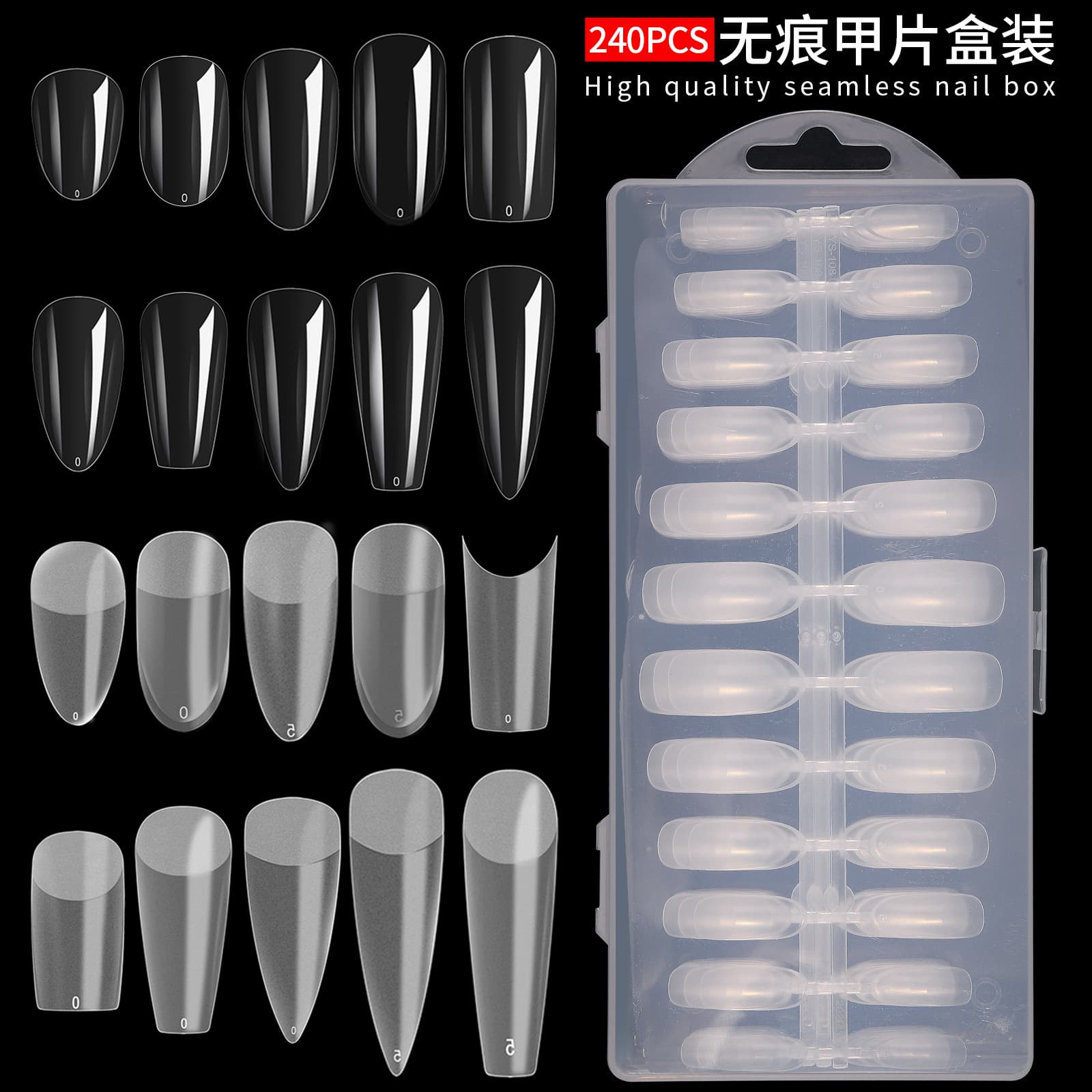 Seamless nail extensions, no need for cutting or filing, water droplet, almond matte finish, full/half application, nail extensions, 240 pieces wholesale for nail salons.