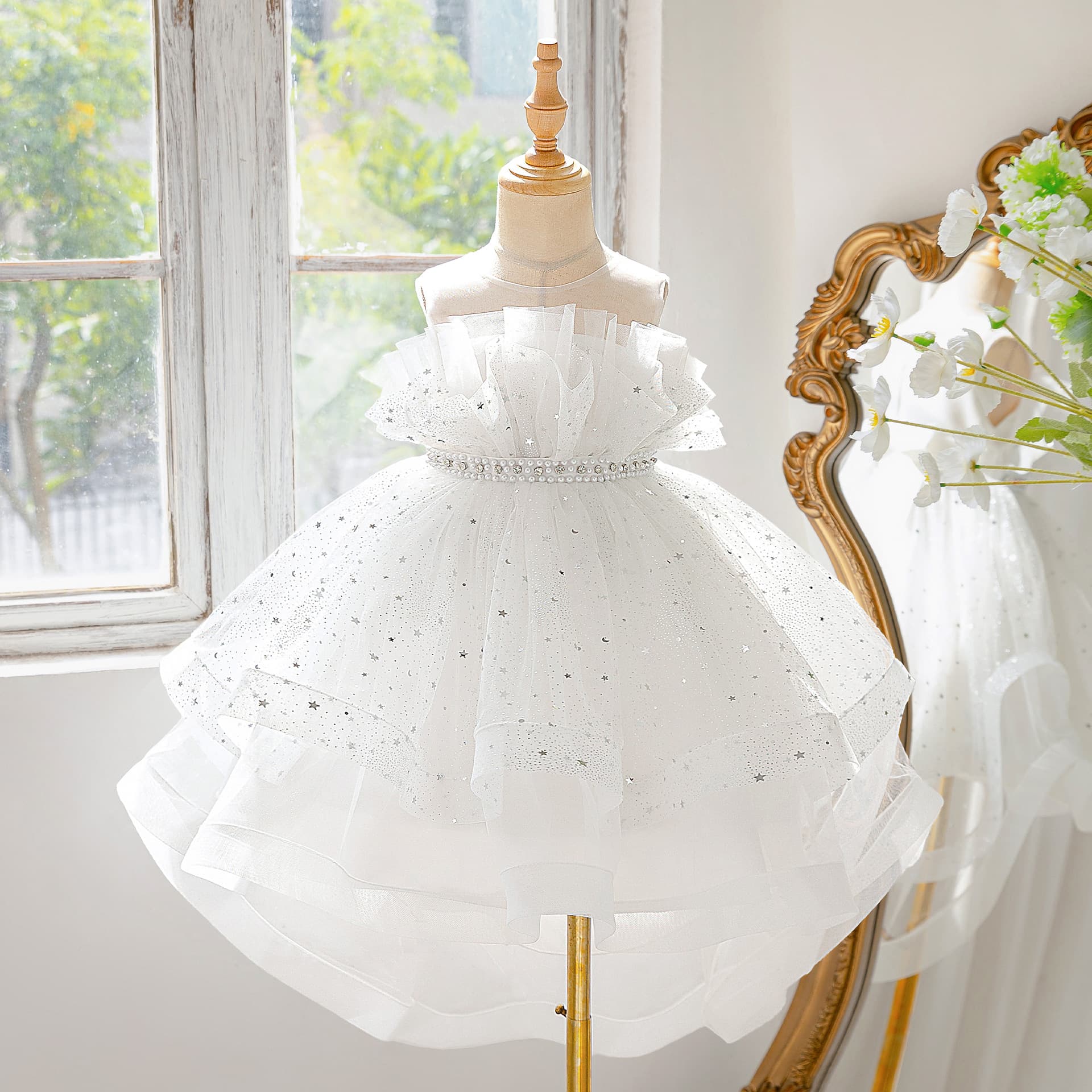 Cross-border Children's Princess Dress Sleeveless Tulle Trailing Dress Violin Performance Costume Girl Wedding Dress