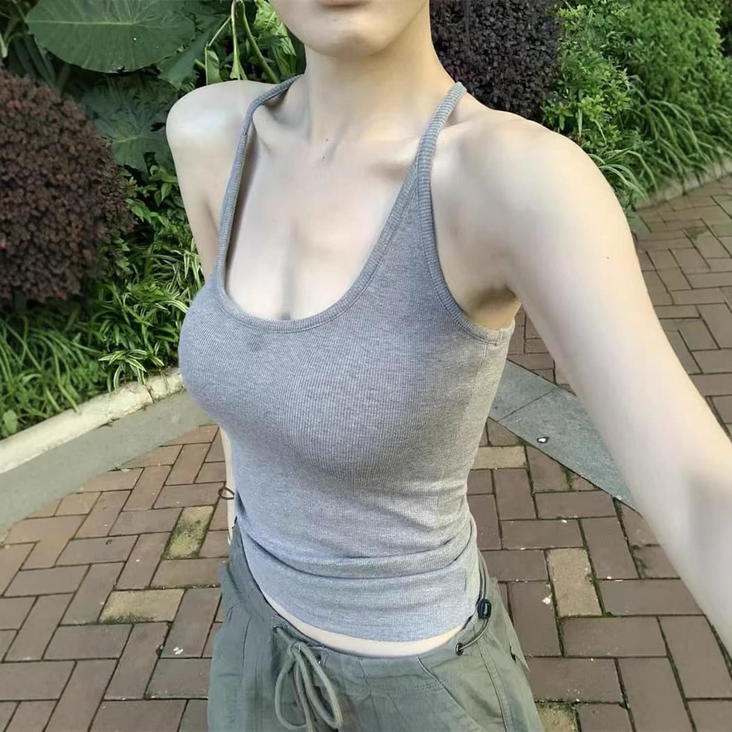 Pure Desire Hot Girl Gray Halter Neck Tank Top for Women, Summer New with Built-in Bra, Slim Fit Backless Layering Top