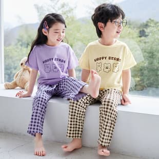 Children's Summer Air Conditioning Short Sleeve Homewear Boys Girls Lycra Pajamas Big Kids Set Thin Summer Style