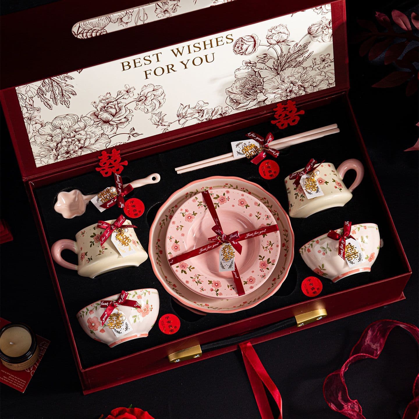Fresh Pink Floral Bowl and Plate Set, High-Aesthetic Rice Bowls and Plates Combination, Tableware Gift Set for Home Use