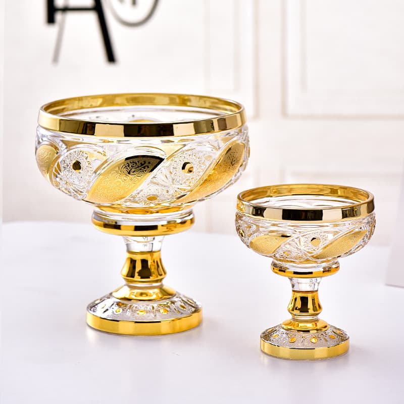 European Creative Retro High-End Luxury Glass Fruit Plate Home Fruit Plate Utensils Gold Electroplated Glass Fruit Plate