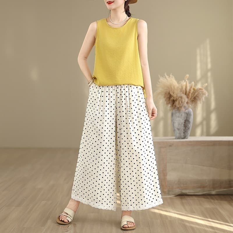 Polka Dot Wide Leg Pants for Women Summer New Lace Trim Straight Pants Thin High Waist Slimming Casual Trousers Flowing Long Pants