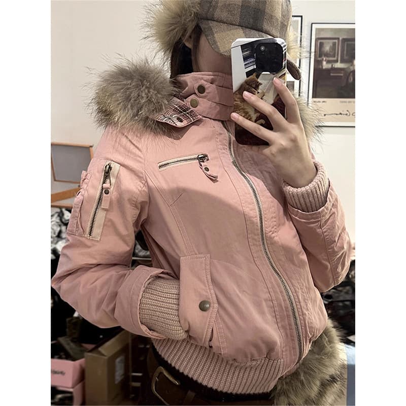 Pretty pink American style fur collar hooded slim jacket for women Gao Zhifengchun thickened small warm jacket