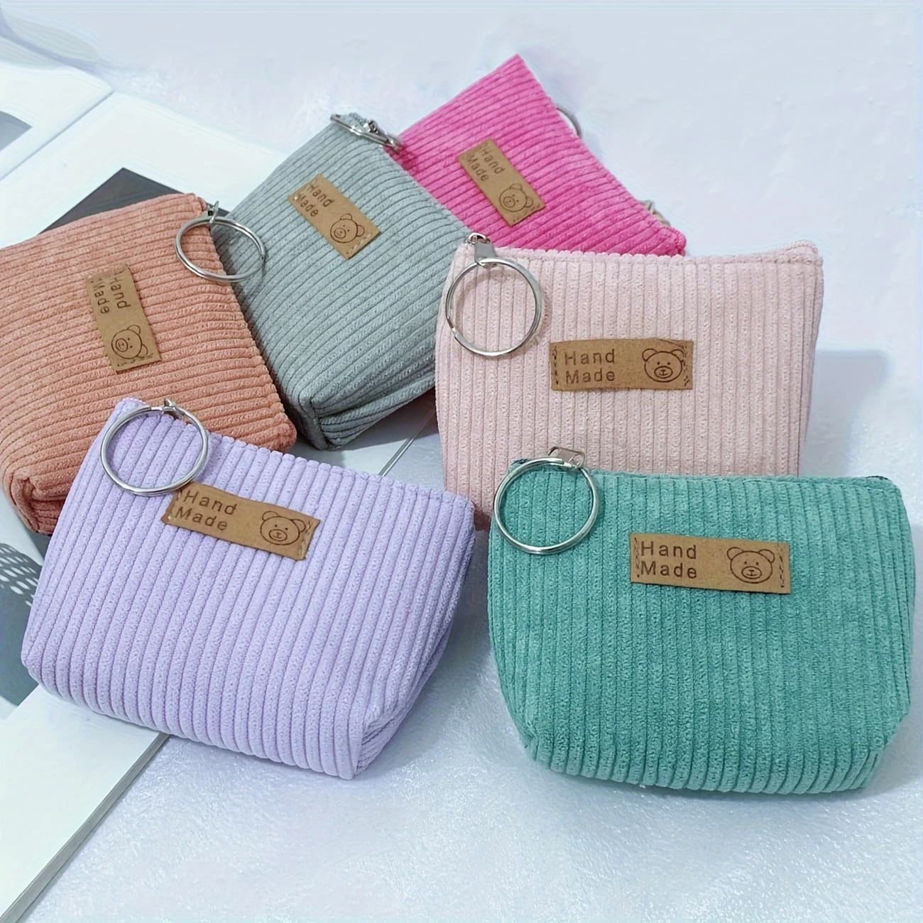 Corduroy Coin Purse, Zipper Pouch, Fabric Label, Striped Coin Bag, Small Wallet, Key Organizer for Women