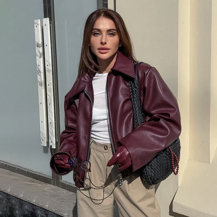 Retro Motorcycle Style Wine Red Leather Jacket for Women 2024 Fall European and American Chic Matte Leather Coat Cross-border Women's Clothing