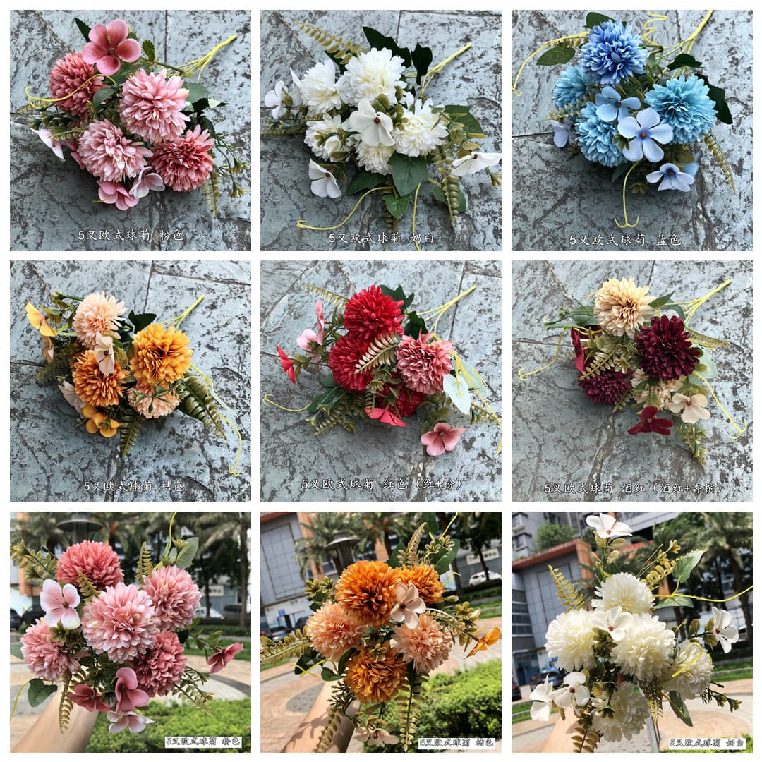 New Foreign Trade Bouquet Matching Flower 5-Branch European Ball Chrysanthemum Bunch Small Ping Pong Chrysanthemum Wedding Hall Artificial Flower Wholesale