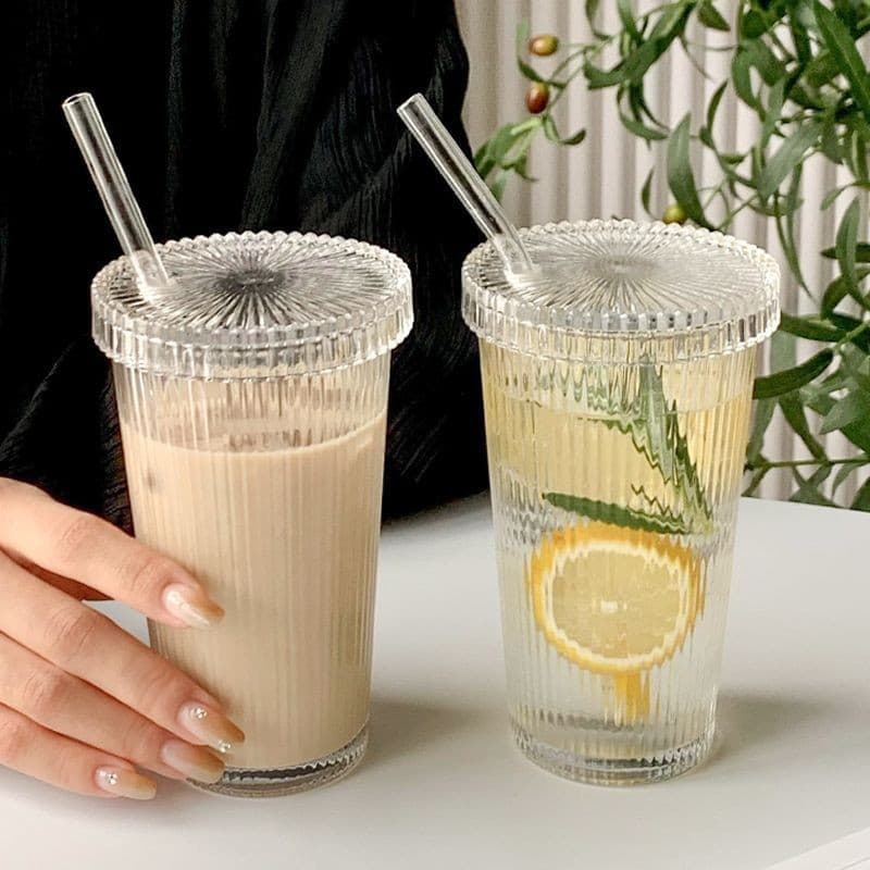 Women's Vertical Ribbed Glass Cup Simple Style Straw Cup Household Coffee Beverage Straw Wholesale Large Capacity Gradient