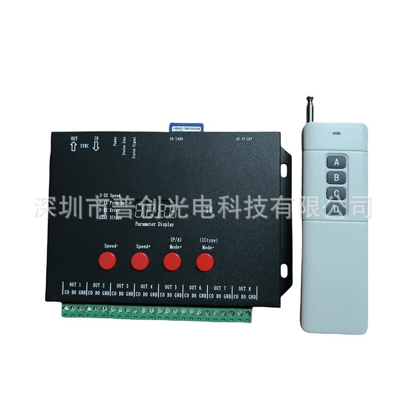 LED Full-Color Controller T8-TTL, Programmable with SD Card, Dimming and Chasing Effects, DC Powered