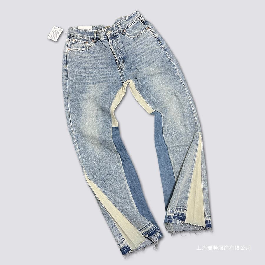Cross-border . Washed and distressed denim flared jeans, patchwork denim blue, stock available for whole order long pants
