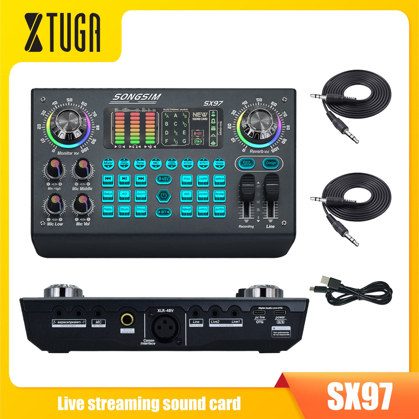 Cross-border 48VSX97XLR English version universal computer and mobile phone karaoke live streaming sound card with wired condenser microphone equipment