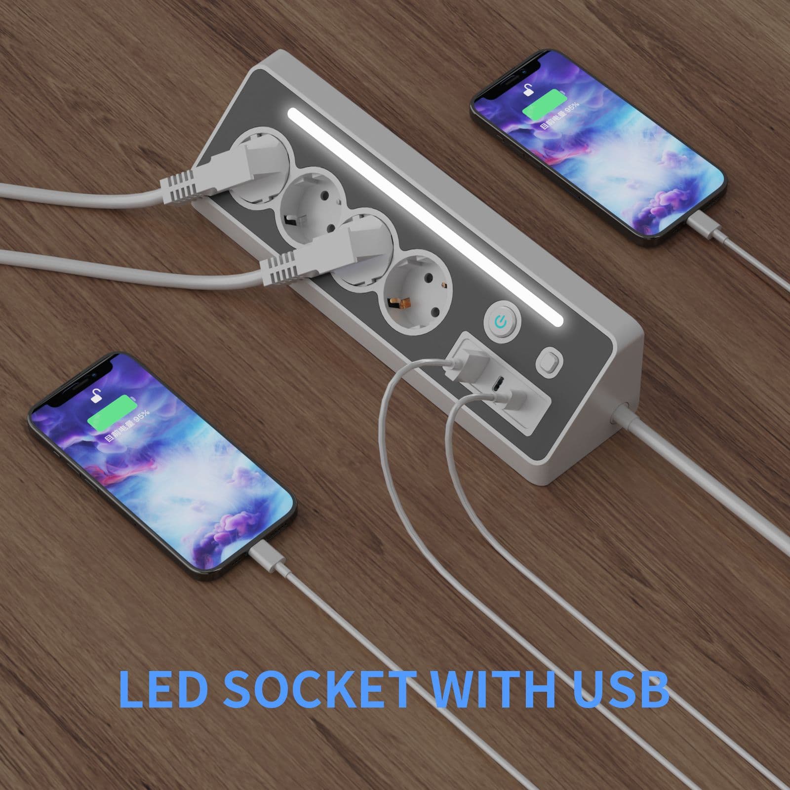New European power strip multi-outlet with LED switch, USB bedside socket PD fast charge 30W 1-to-many adapter