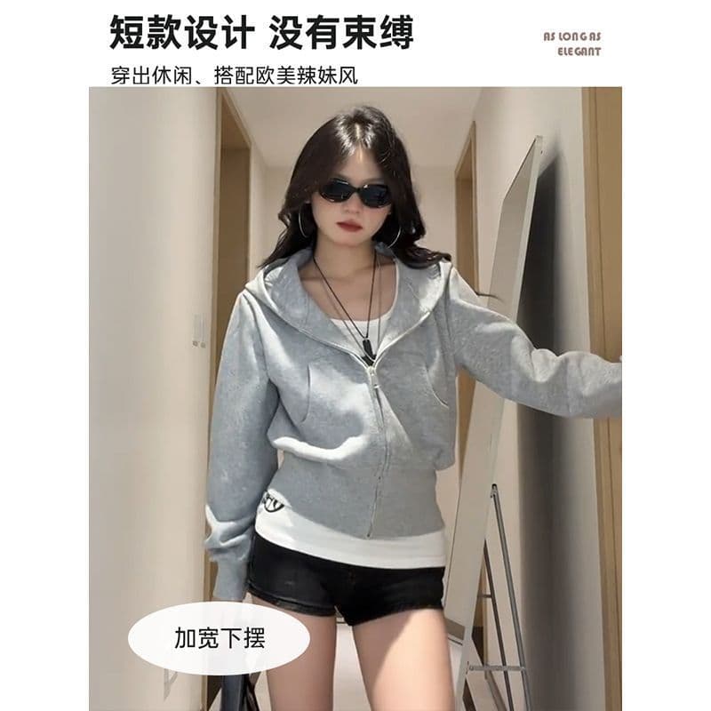 Korean style lazy right shoulder hooded top for women autumn and winter velvet pink short sweatshirt jacket casual zipper cardigan