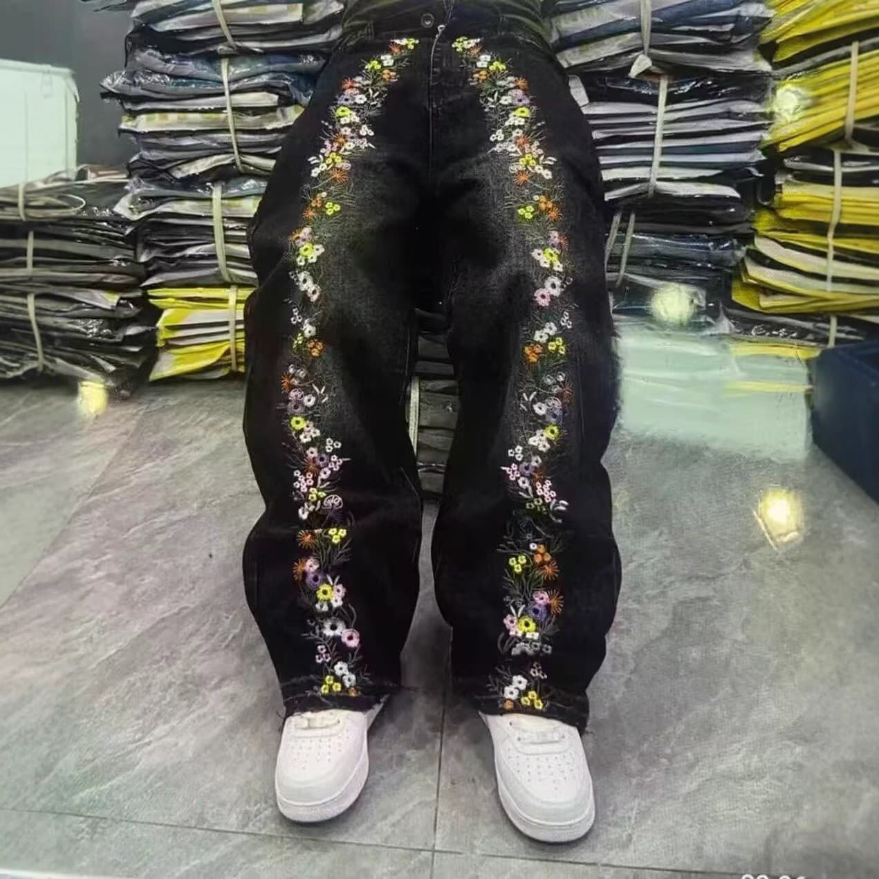 High-Street Vintage Washed Multi-Pocket Cargo Jeans for Men, Trendy Loose Straight-Leg with Elastic Drawstring Waist