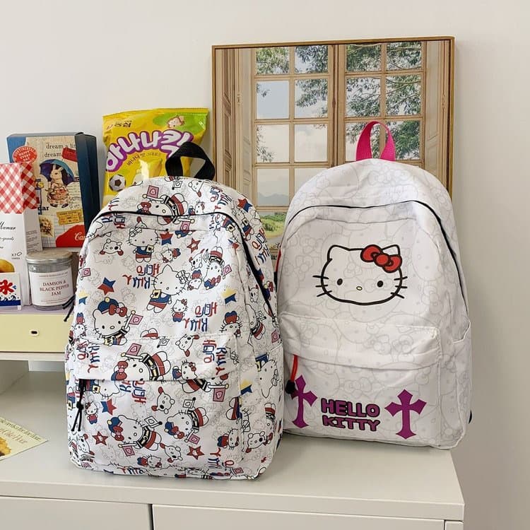 Cartoon Cat Print Backpack Large Capacity College Student Schoolbag for Girls Middle and High School Students Cute Hello Kitty Backpack