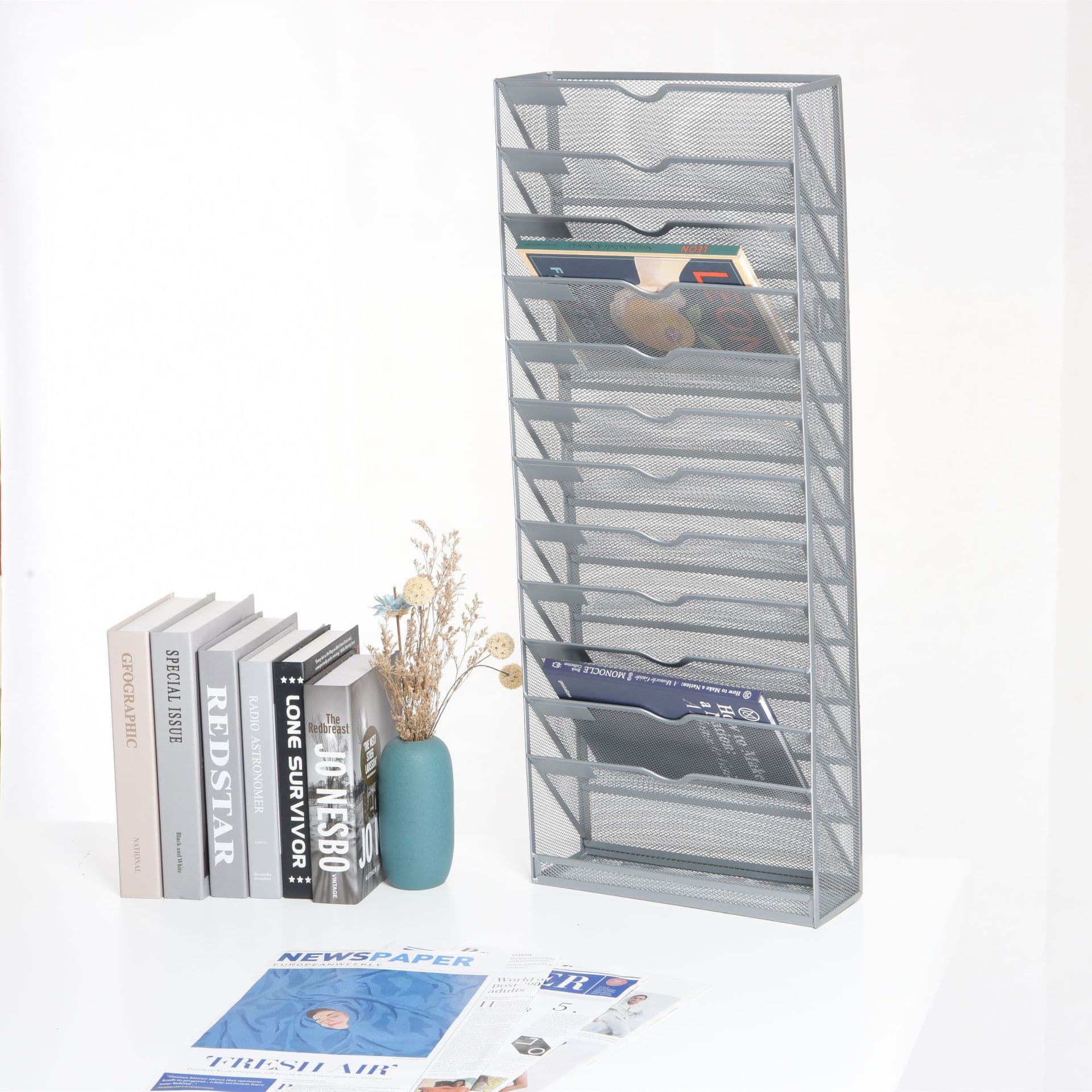 13-Tier Factory Direct Desk Side Storage Rack Multi-layer Bookshelf Metal Storage Box Office Desktop File Rack with Hanging Feature