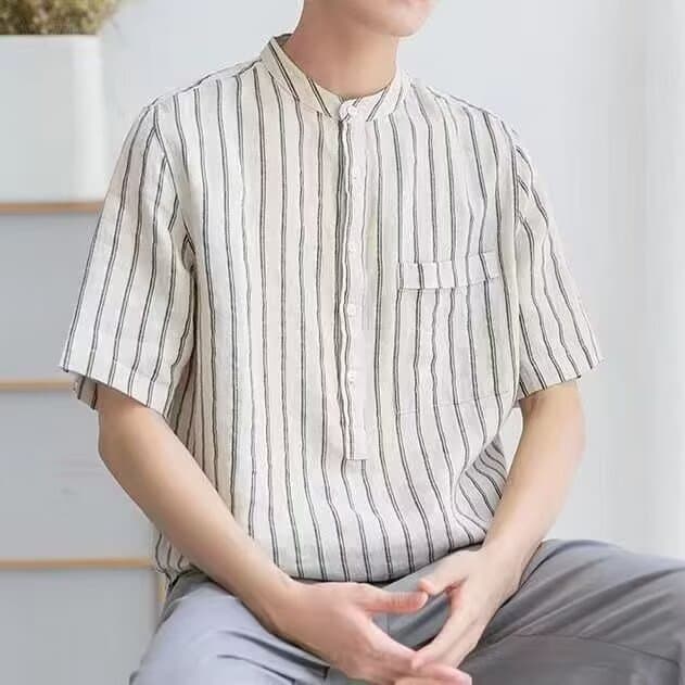Japanese Ice Silk Linen Shirt for Men Short Sleeve Loose Vertical Stripe Shirt Men's 2026 Summer Cotton Linen Half Sleeve Top