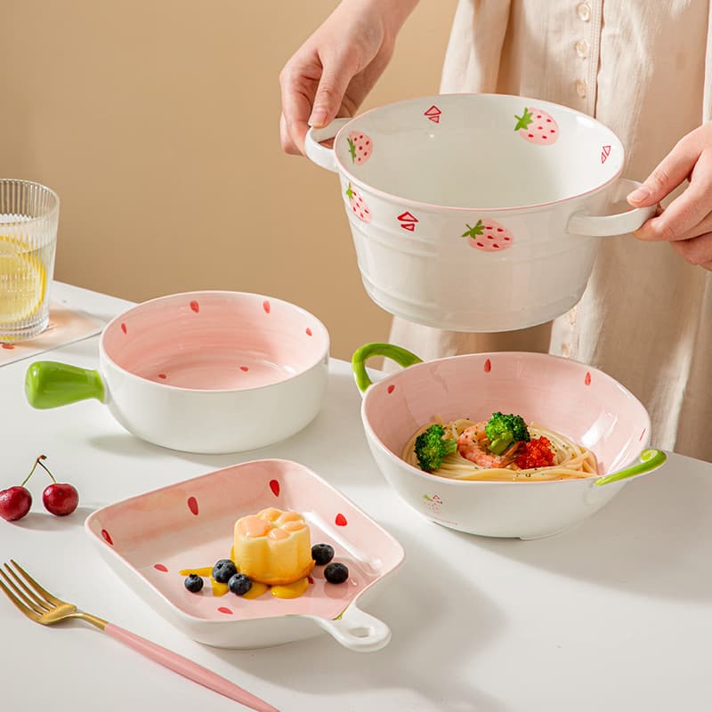 New Pink Strawberry Cute Creative Household Handle Bowl Soup Pot Baking Dish Internet-Famous Ceramic Bowl Plate Dish Tableware Wholesale