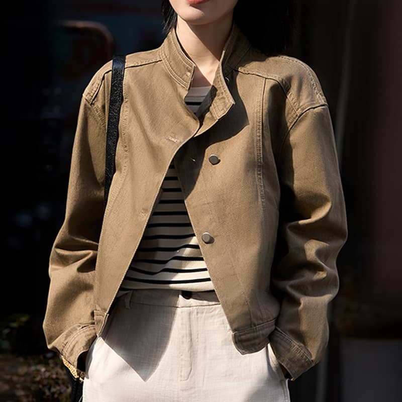 Asymmetric Stand Collar Denim Jacket Casual Short Top Long Sleeve Coat Women's 2026 Spring New Denim Shirt