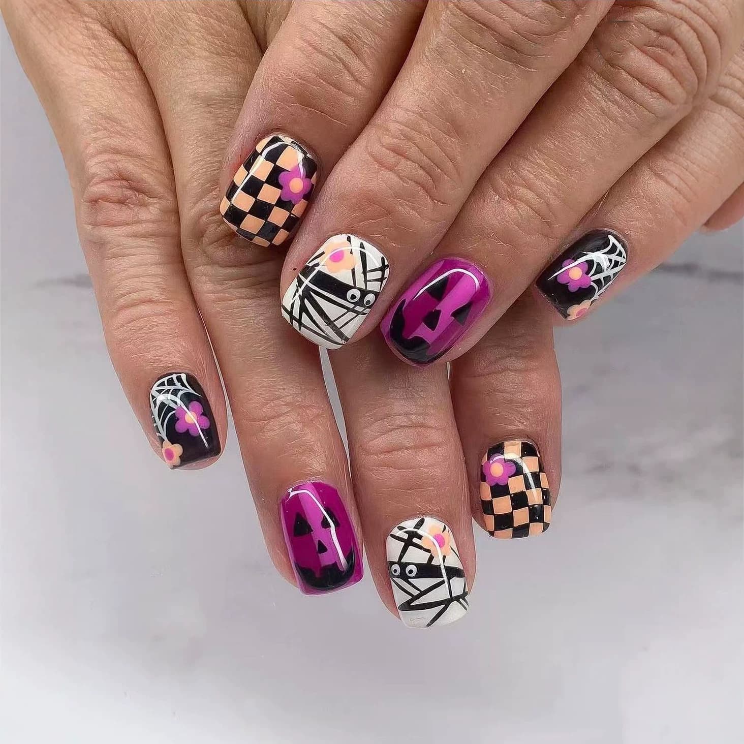 New Halloween Purple Pumpkin Mummy Nail Art, Checkered Short Square Nail Tips, Sweet Cool Style Factory Wholesale