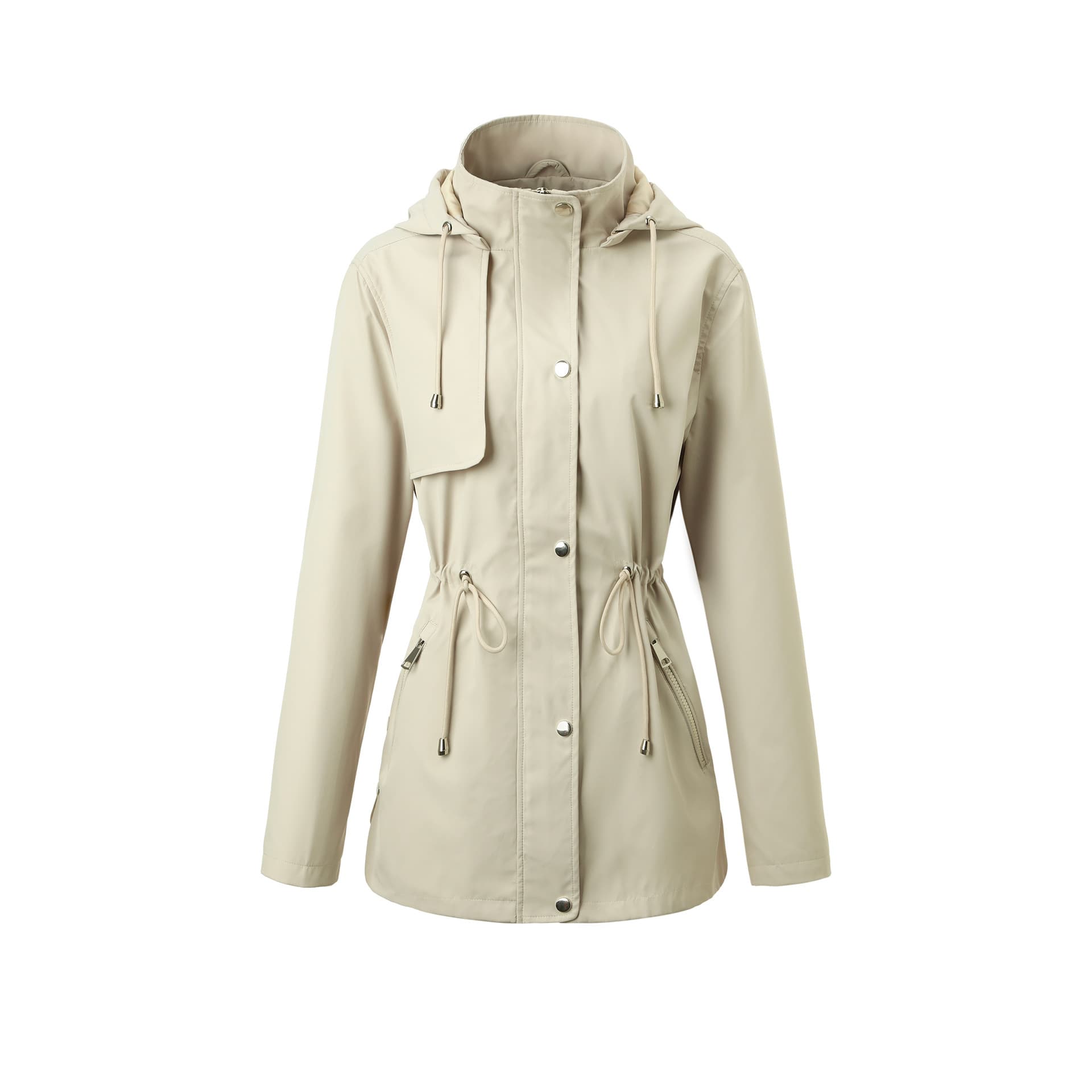 Simple Solid Color Waist Hooded Trench Coat Women Zipper Pocket Slim Fit Commute Versatile Jacket Stock Available