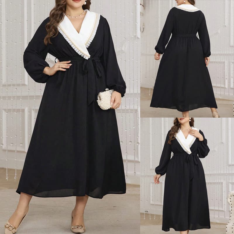Cross-border French V-Neck Dress with Beaded Trim, Black Long Gown, Waist-Tucking, Body-Shaping, Tie-Waist for Curvy Women
