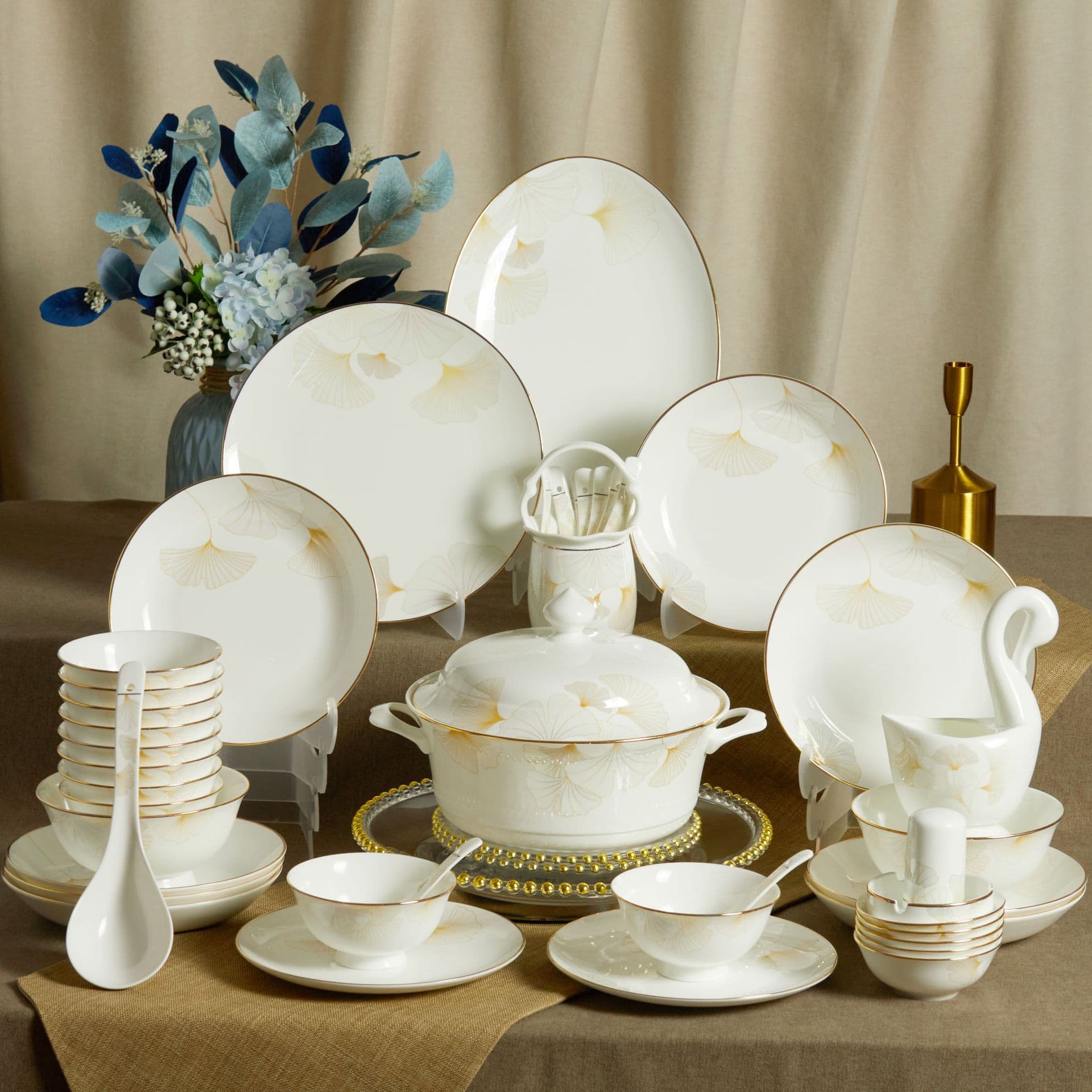 【Ginkgo Leaf Happiness & Fulfillment】58+28-Piece Jingdezhen Ceramic Dinnerware Gift Set, Home Bone China Tableware Set